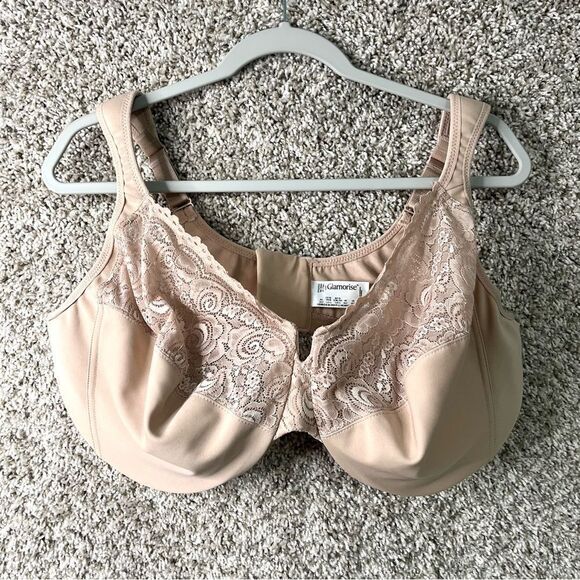 Glamorise Bra Women’s 48G Beige Tan Low Cut WonderWire Lace - Picture 2 of 8
